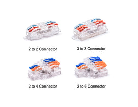 Top view of Wire Compact Splicing Connectors including 2 to 2 connector, 3 to 3 connector, 2 to 4 connector, and 2 to 6 connector.