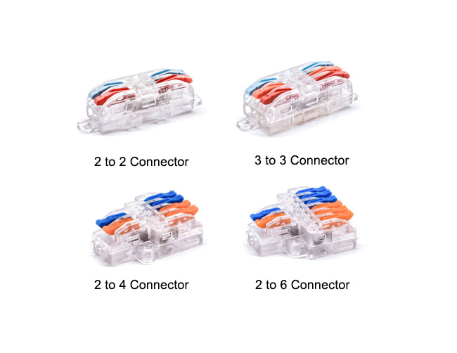 Top view of Wire Compact Splicing Connectors including 2 to 2 connector, 3 to 3 connector, 2 to 4 connector, and 2 to 6 connector.