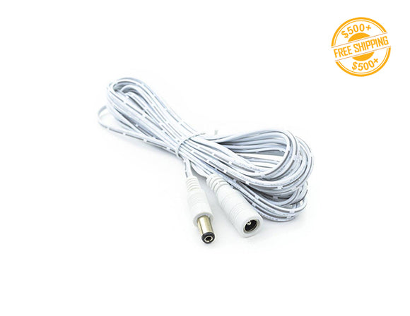 Top view of DC Extension Cable Male to Female with Wire 48"/96" white color; a label of free shipping for orders over $500 is shown as well.