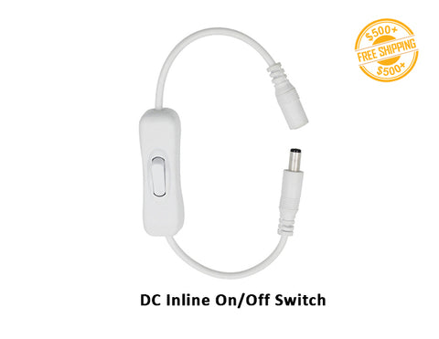 Top view of DC Inline On/Off Switch with DC Connector in white. A label of free shipping for orders over $500 is shown as well.