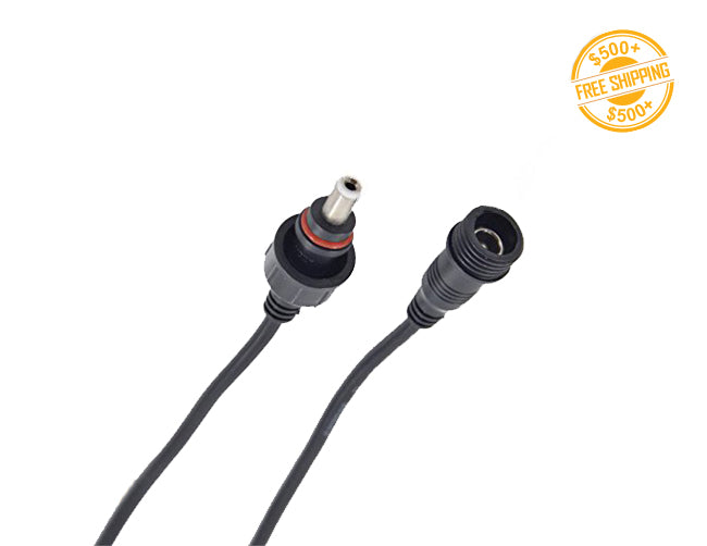 Top view of one pair of DC Plug Waterproof Connector black color. A label of free shipping for orders over $500 is shown as well.