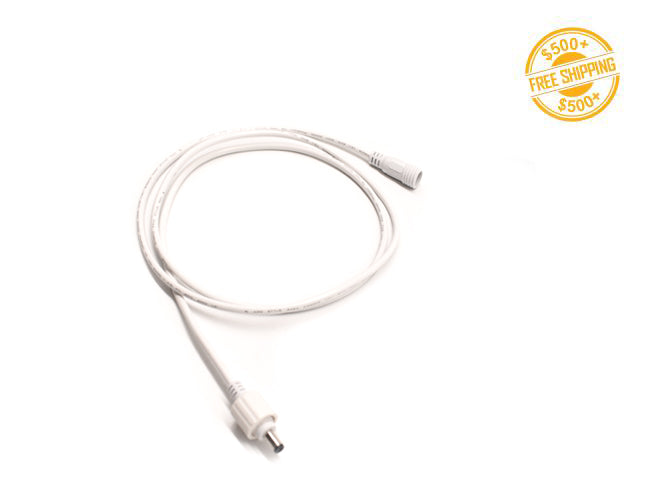 Top view of DC Plug Waterproof Extension Cable 48" white color. A label of free shipping for orders over $500 is shown as well.