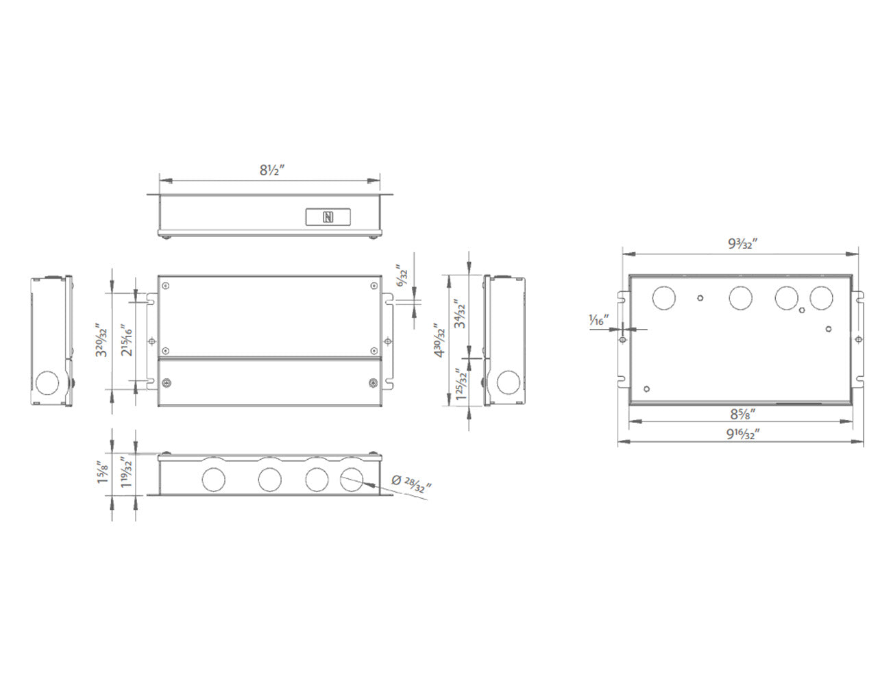 Dimensions for the DMX RGB Series Dimmable 100W 12VDC LED power supply.