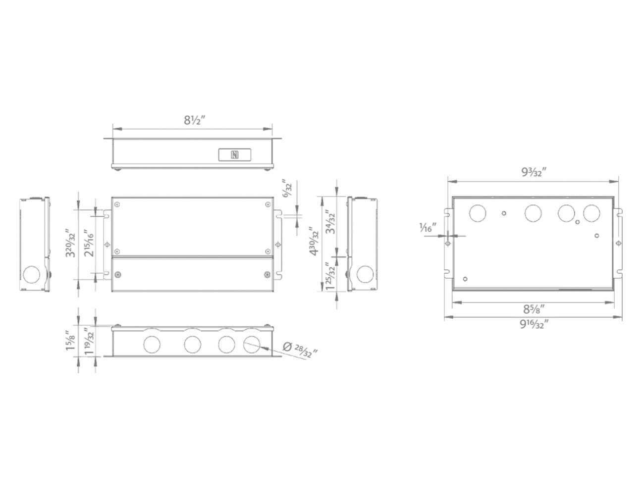 Dimensions for the DMX RGB Series Dimmable 100W 24VDC LED power supply.