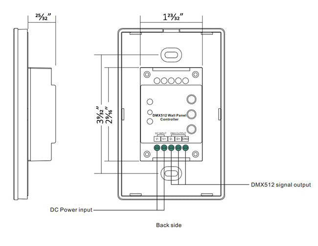 Back view of the DMX RGBW Wall Mount Controller 3 Zones showing name of different components.