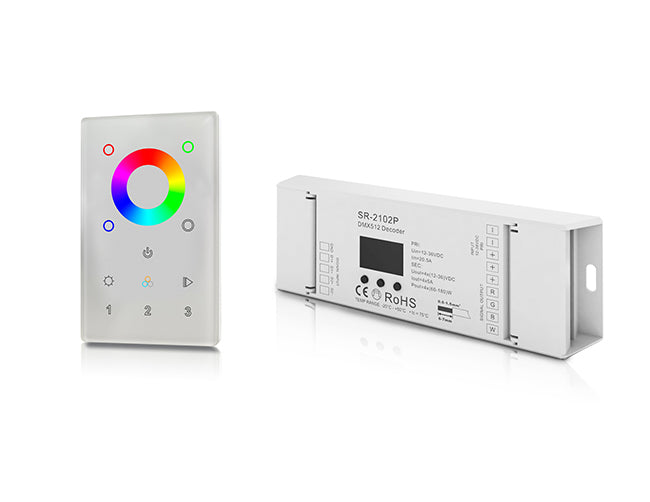 DMX RGBW Wall Mount Controller 3 Zones and its compatible receiver side by side.