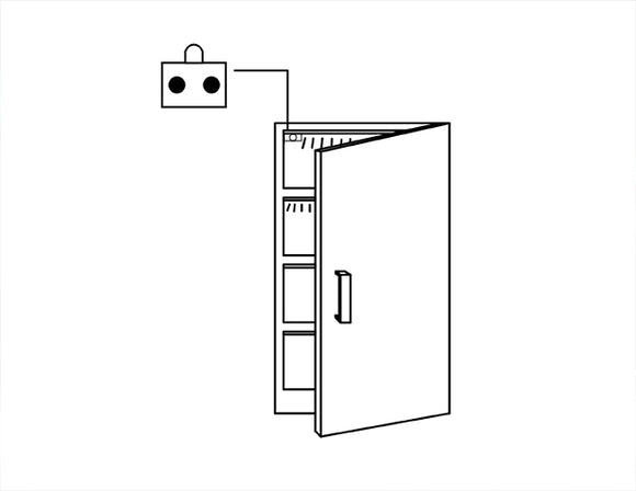 A diagram showing a door push button switch is installed at the top left corner of a door shelf.