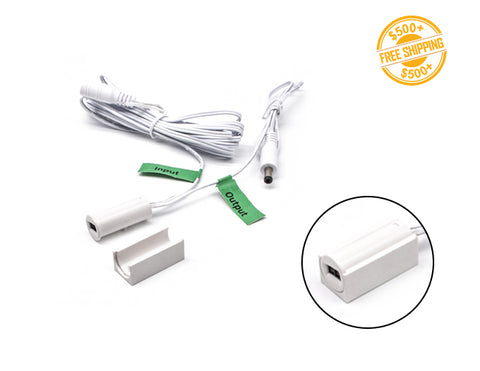 A white door sensor switch with wires to both a power supply and LED strip lights. A label of free shipping for orders over $500 is shown as well.