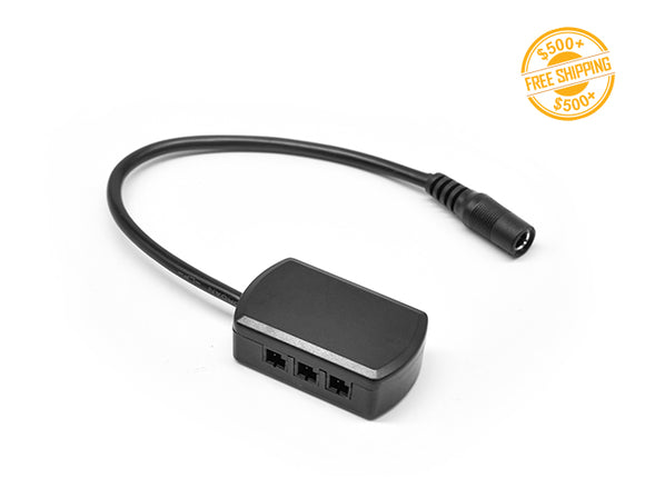 Top view of Dupont-DC Splitter 1 to 6 Black; a label of free shipping for orders over $500 is shown as well.