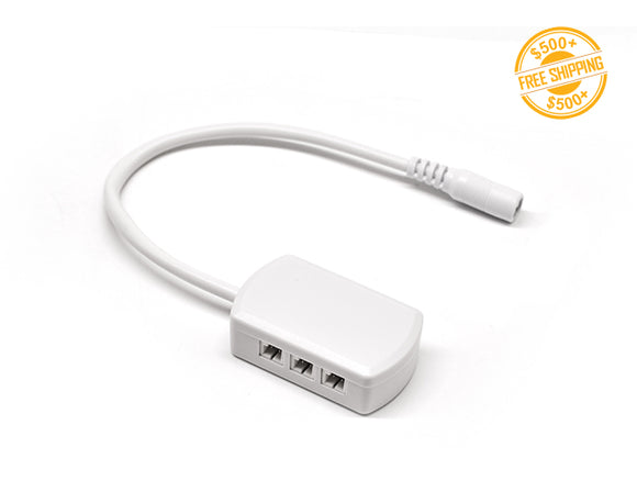 Top view of Dupont-DC Splitter 1 to 6 white color; a label of free shipping for orders over $500 is shown as well.