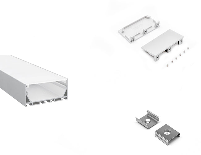 LED aluminum channel ES-7535 with a pair of end caps and a pair of mounting clips.