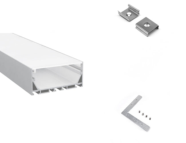 LED aluminum channel ES-7535 with a flat L-shaped corner connector and a pair of mounting clips.