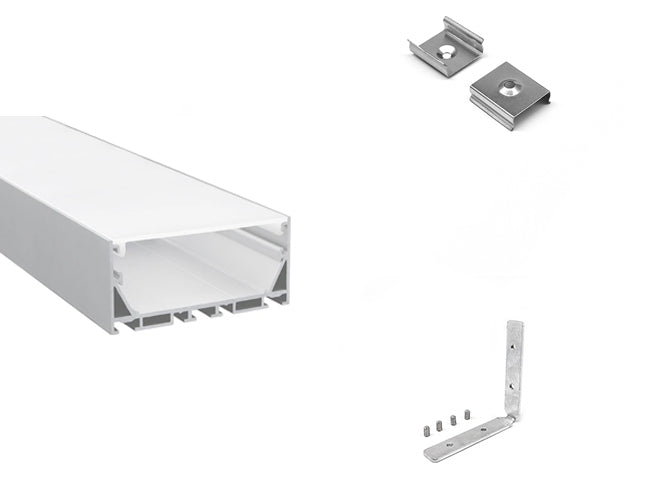 LED aluminum channel ES-7535 with a vertical L-shaped corner connector and a pair of mounting clips.