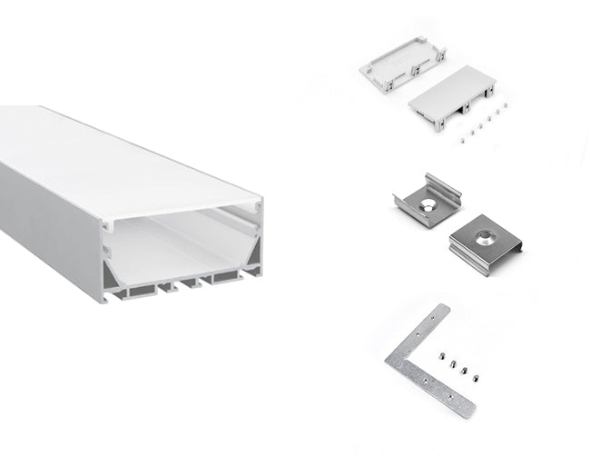 LED aluminum channel ES-7535 with a pair of end caps, a pair of mounting clips, and a flat L-shaped corner connector.