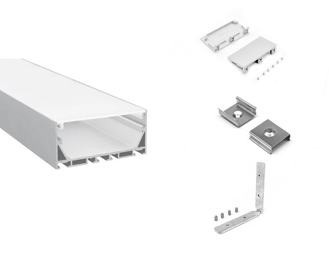 LED aluminum channel ES-7535 with a pair of end caps, a pair of mounting clips, and a vertical L-shaped corner connector.