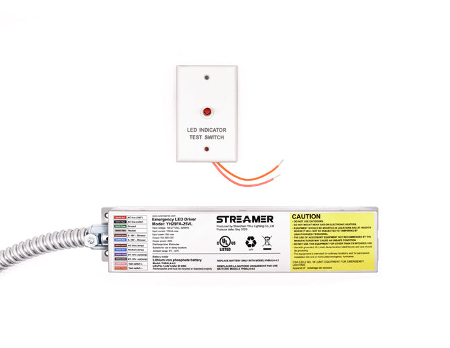 An Emergency LED Driver 25W low voltage transformer with an LED indicator test switch.