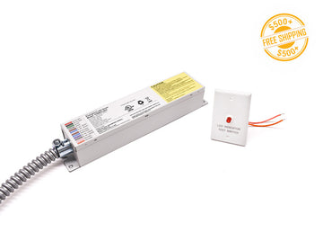 Emergency LED Driver 25W low voltage transformer with an LED indicator test switch and a label for free shipping on orders over $500.