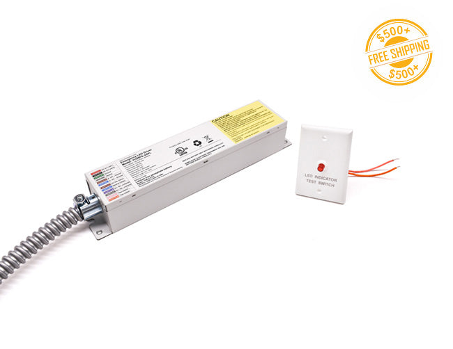 Emergency LED Driver 25W low voltage transformer with an LED indicator test switch and a label for free shipping on orders over $500.