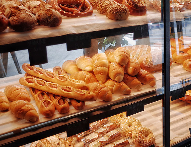 A display case for bread is decorated with LED strip lights that are powered by a dimmable low voltage transformer.