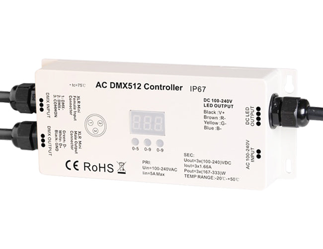 Front view of GL LED 120V Neon light DMX controller, showing technical specs and port names of the controller.