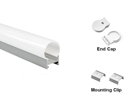Front view of round surface aluminum channel A 2033, with a pair of end caps and a pair of mounting clips.