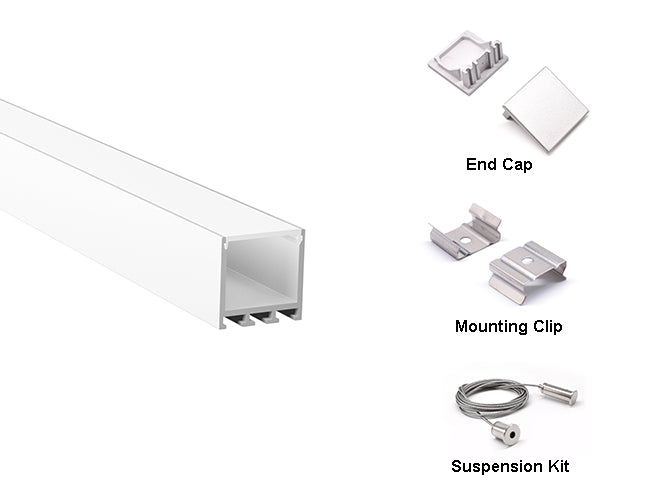 Overview of A-2525 aluminum channel extrusion accessories, including end caps, mounting clips, and a suspension kits,