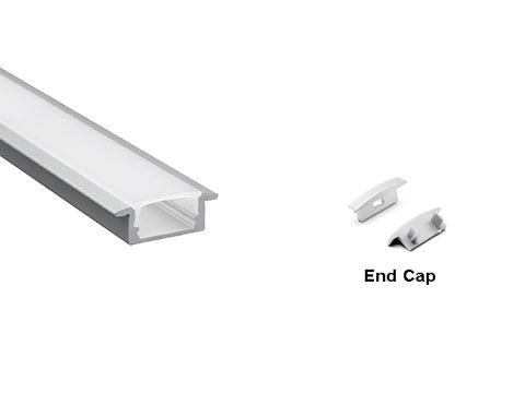 Front view of slim shallow recess aluminum channel ES-2309 with a pair of end caps.