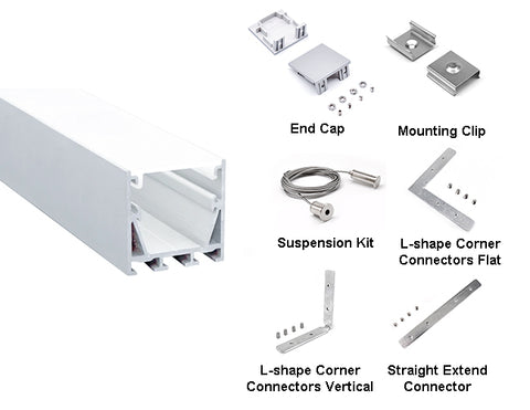 Overview of ES-3535 aluminum channel extrusion accessories, including end caps, mounting clips, suspension kits, L-shaped corner connectors flat, L-shaped corner connectors vertical, and straight extension connectors., 
