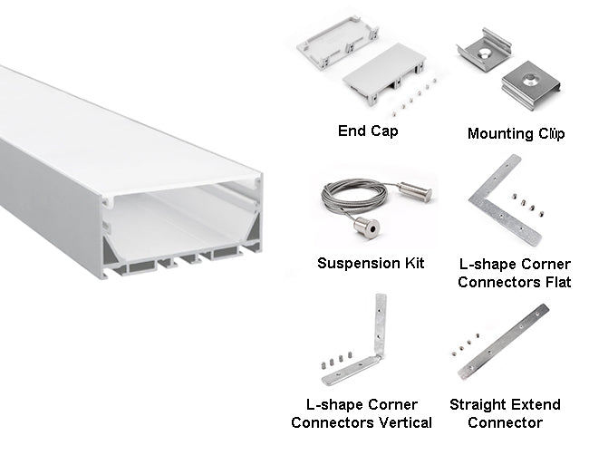 Overview of ES-7535 aluminum channel extrusion accessories, including end caps, mounting clips, suspension kits, L-shaped corner connectors flat, L-shaped corner connectors vertical, and straight extension connectors.,