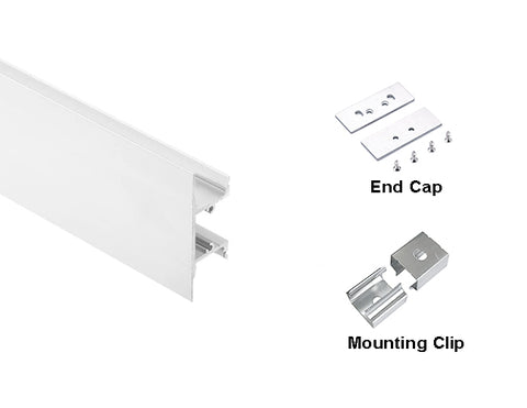 Side view of sconce-S aluminum channel GL-050, with a pair of end caps and a pair of mounting clips.