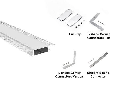 Front view of wide trimless recess aluminum channel GL 081, with compatible accessories including end caps, flat L-shaped corner connectors, vertical L-shaped corner connectors, and straight extension connectors.