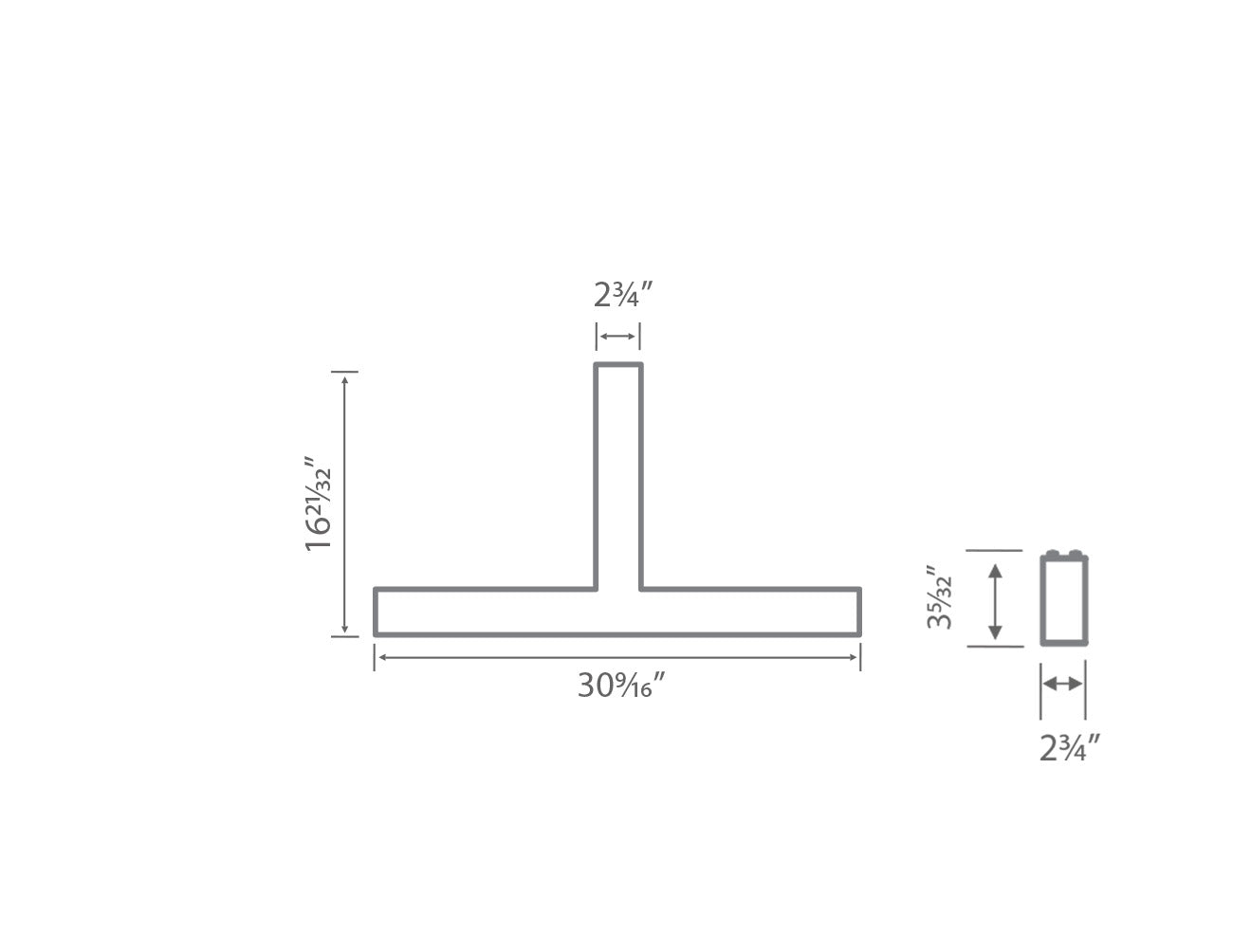 Dimensions of GL LED L8070 T-shaped linear light fixture.