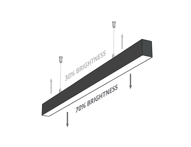 Side view of black 4ft GL LED L11070 linear light fixture. It can be suspended from ceiling, and allocate 30% of brightness upward and 70% of brightness downward.