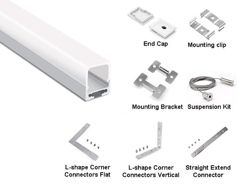 Front view of square dome aluminum channel YD-1604, with compatible accessories including end caps, mounting clips, mounting brackets, suspension kits, flat L-shaped corner connectors, vertical L-shaped corner connectors, and straight extension connectors.