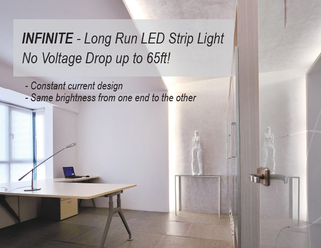 A studio is decorated with LED strip lights that are powered by a dimmable low voltage transformer.