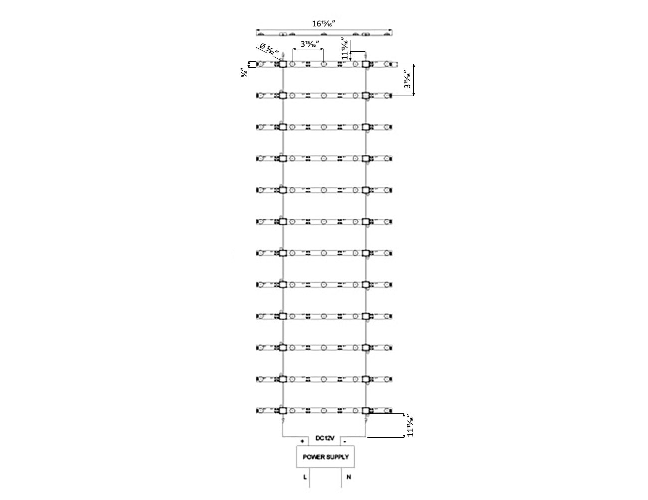 Dimensions of LED Ladder Light - 5 points (17" Width)