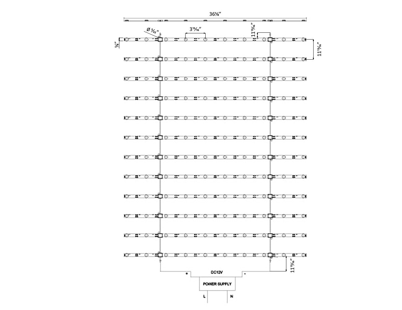 Dimensions of LED Ladder Light - 10 points (36.5" Width).