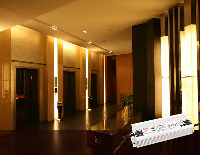 LED strip lights in an elevator lobby for commercial lighting designs powered by low voltage transformers.