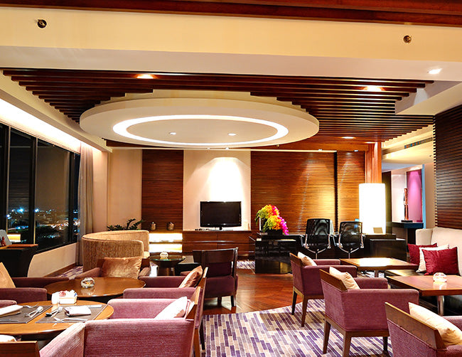 GL LED side bend LED strip light is installed in a circular fixture to illuminate a lounge area.