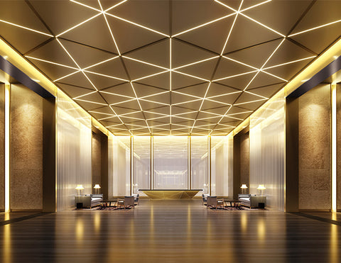 LED Strip Light - Single Color - Super Bright - White PRO - Wet/Damp Location IP65 - 24V is installed on ceiling of a large lobby to illuminate the space.