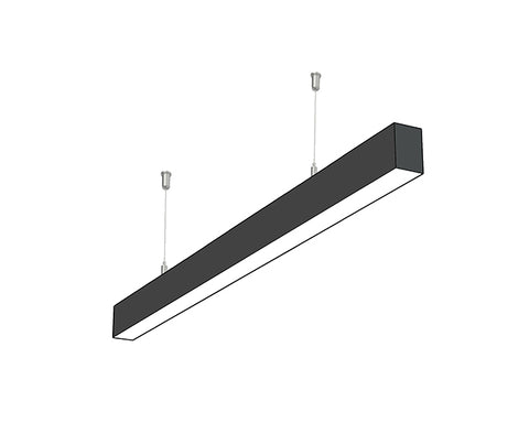 Side view of a black color GL LED  L8050 4ft linear light fixture suspended from ceiling