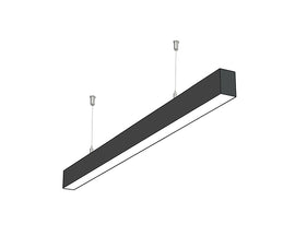 Side view of a black color GL LED  L8050 4ft linear light fixture suspended from ceiling