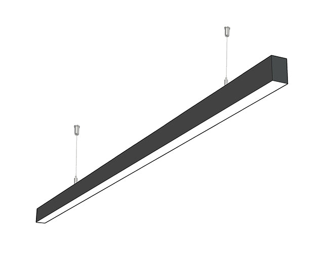 Side view of a black color GL LED L8050 8ft linear light fixture suspended from ceiling