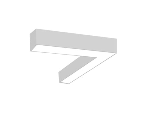 Bottom view of a L-shaped GL LED L8456 linear light fixture that is in white color, lighting down, and can be connected to other L8456 linear light fixtures to form different shapes.