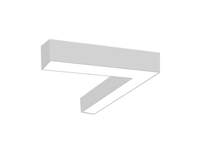 Bottom view of a L-shaped GL LED L8456 linear light fixture that is in white color, lighting down, and can be connected to other L8456 linear light fixtures to form different shapes.