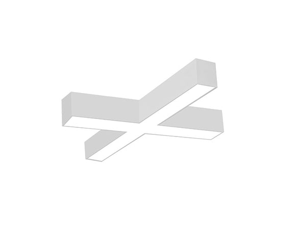Bottom view of a cross-shaped GL LED L8456 linear light fixture that is in white color, lighting down, and can be connected to other L8456 linear light fixtures to form different shapes.
