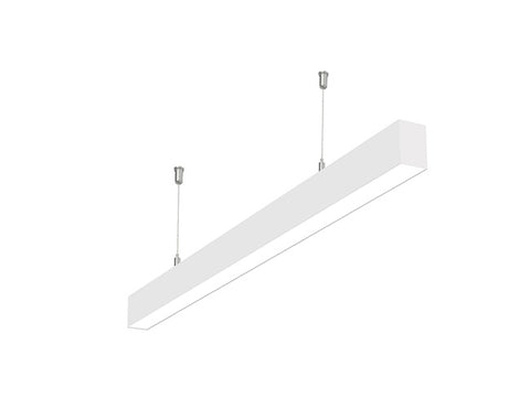 Side view of a white color GL LED L8050 4ft linear light fixture suspended from ceiling
