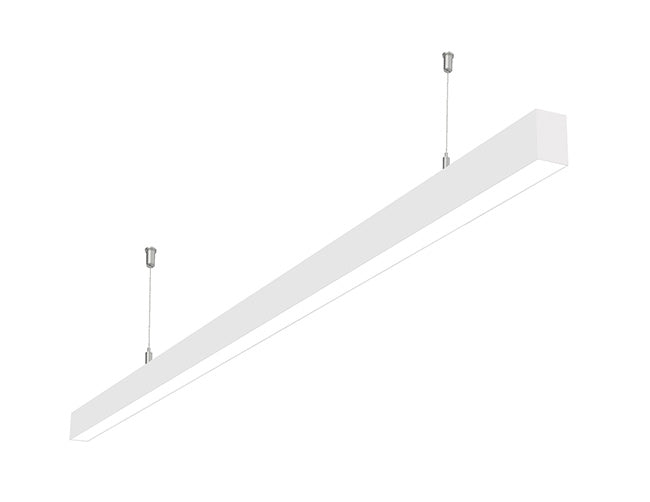 Side view of a white color GL LED L8050 8ft linear light fixture suspended from ceiling