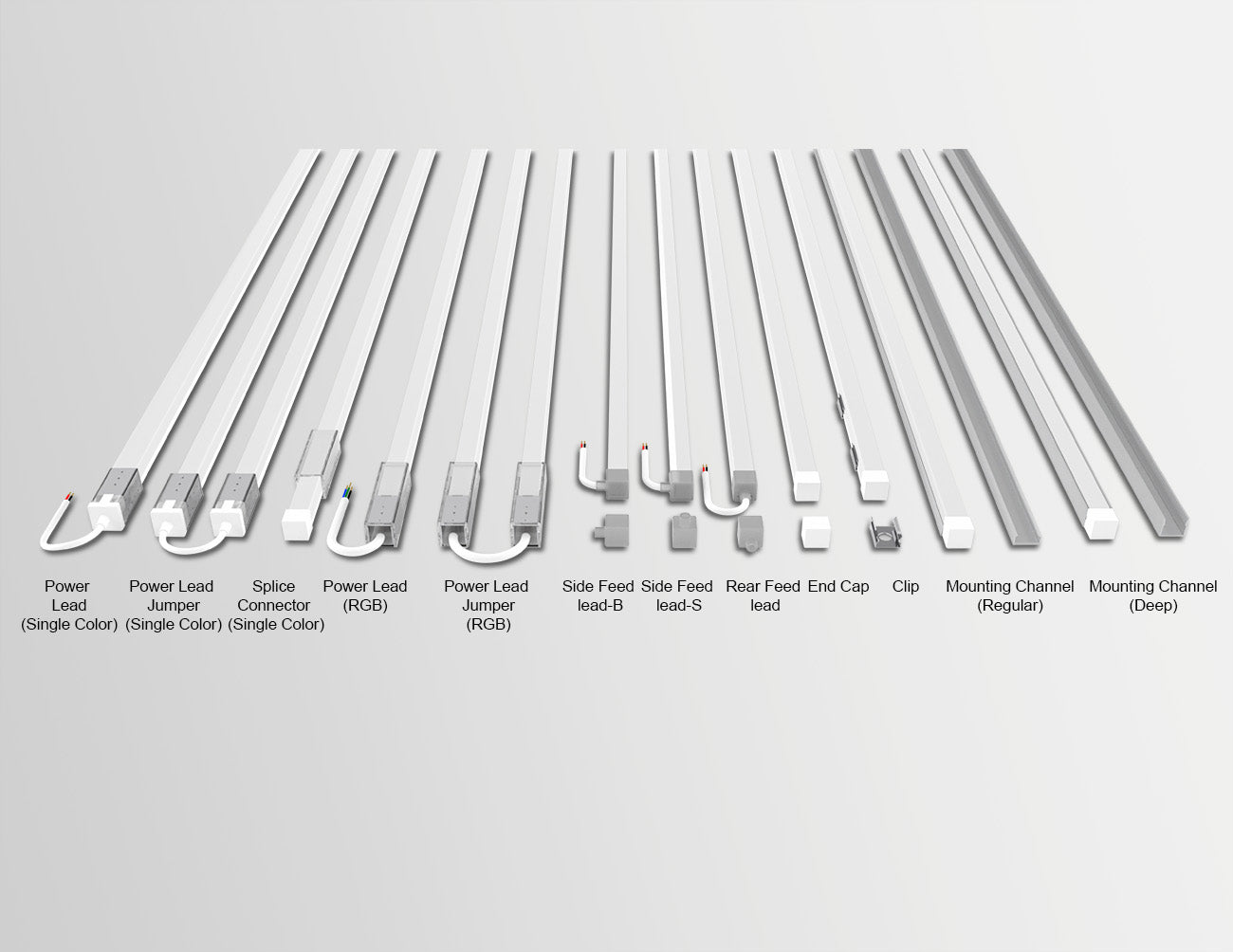 Various accessories are available for the LED 3D neon light, including power lead, power lead jumper, splice connector, side feed lead back, side feed lead side, rear lead feed, end cap, clip, mounting channel regular and deep.