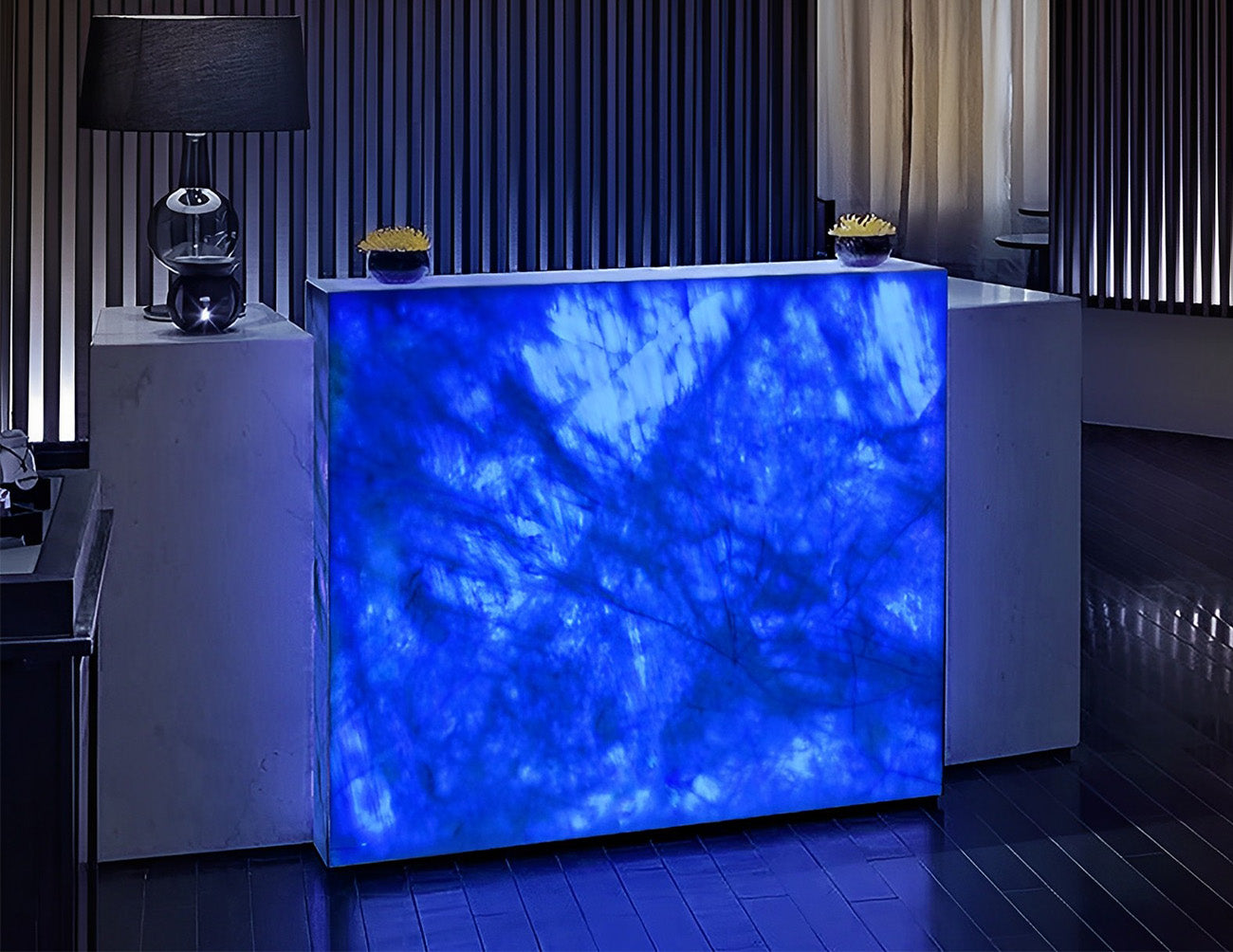 LED Pixels Light Sheet - Color Changing RGBW 4 in 1 sheets are installed to backlight a reception front desk.